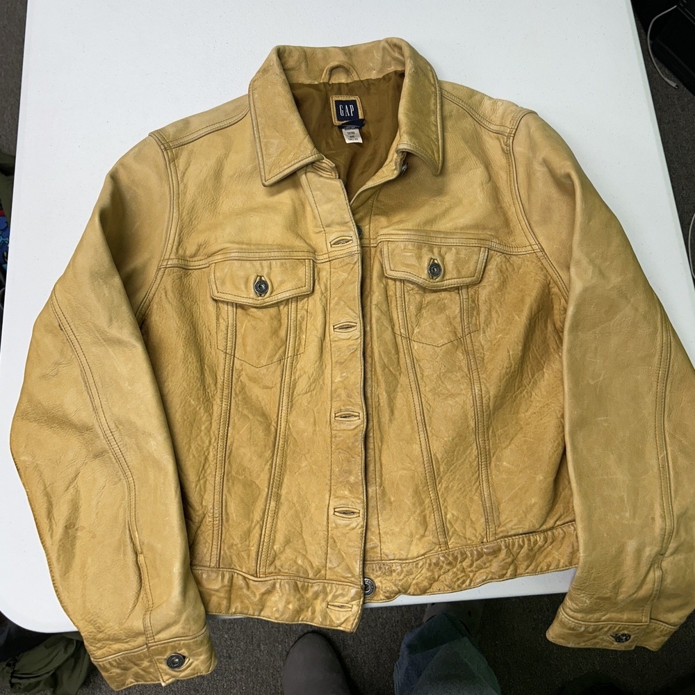 Gap Leather Trucker Jacket Womens XL Yellow Tan Button Front Vintage Style G2
